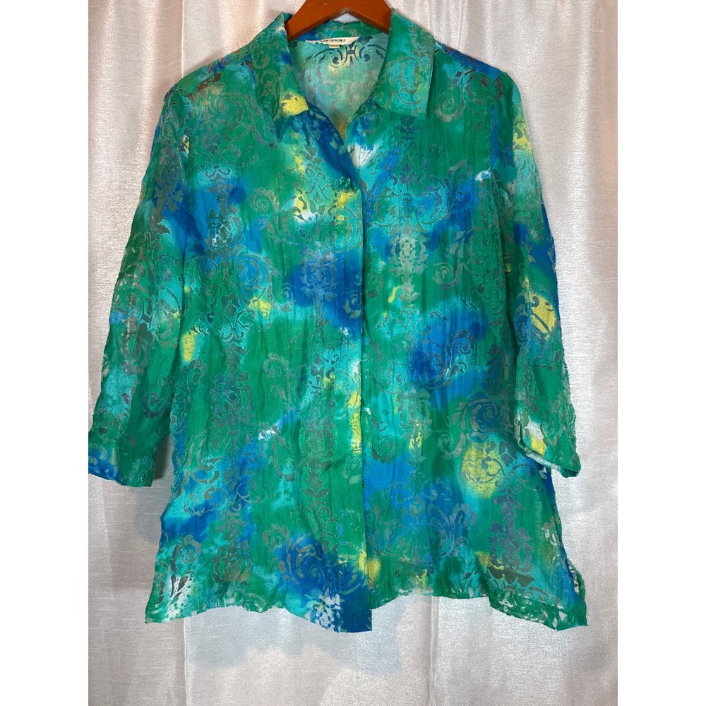Tantrums Women's Green Blue Floral Burnout Button Down Top Size L